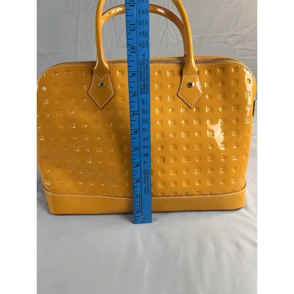 Arcadia Italy Patent Leather Satchel Mustard Yellow Embossed Handbag - Picture 6 of 13